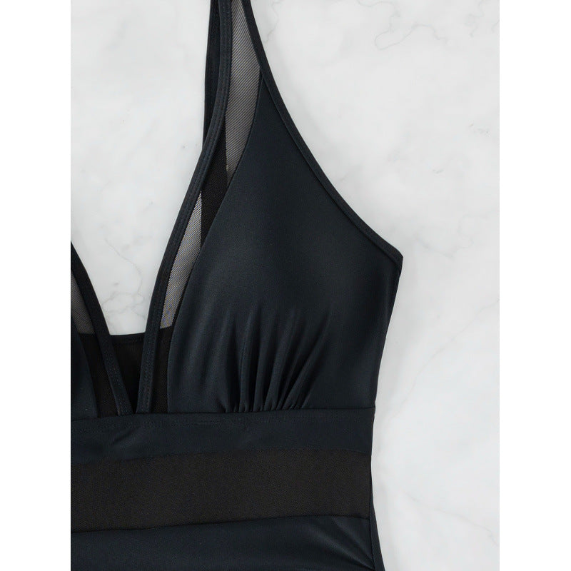 Swimsuit women's solid color sexy one-piece plus size mesh splicing beach swimsuit