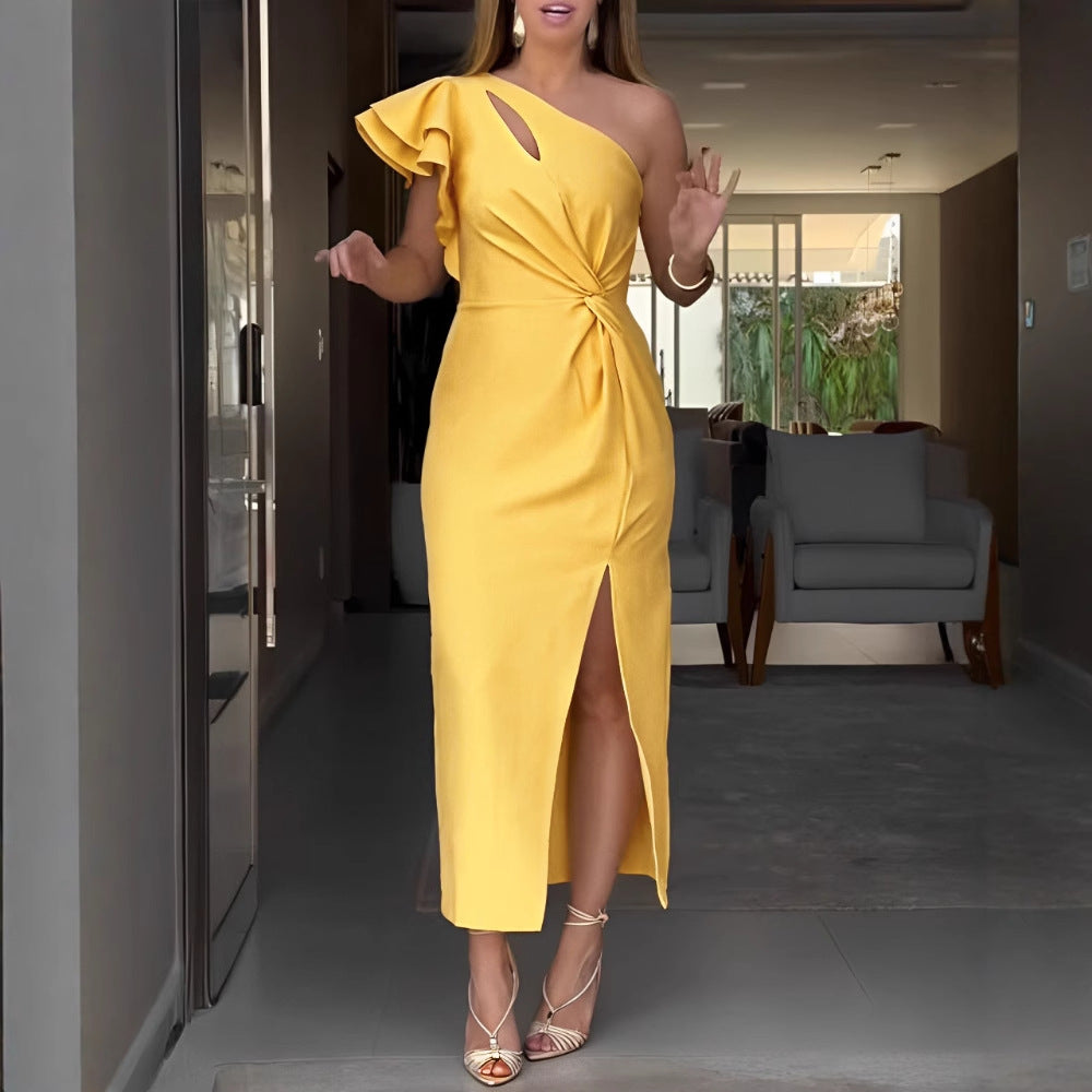 Single Shoulder Ruffle Hem Hollow Out Slit Dress for Women
