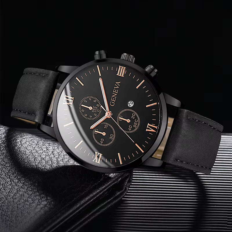 1/3PCS Men'S Watch Casual Leather Band Analog Quartz Watches with Calendar
