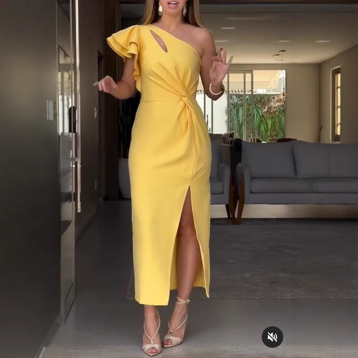 Single Shoulder Ruffle Hem Hollow Out Slit Dress for Women