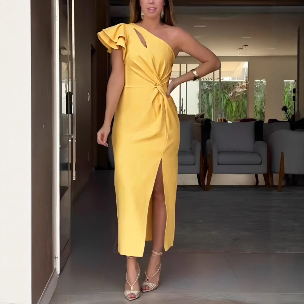 Single Shoulder Ruffle Hem Hollow Out Slit Dress for Women