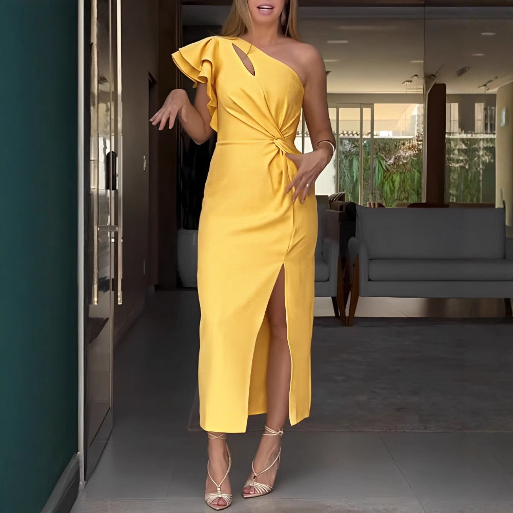Single Shoulder Ruffle Hem Hollow Out Slit Dress for Women