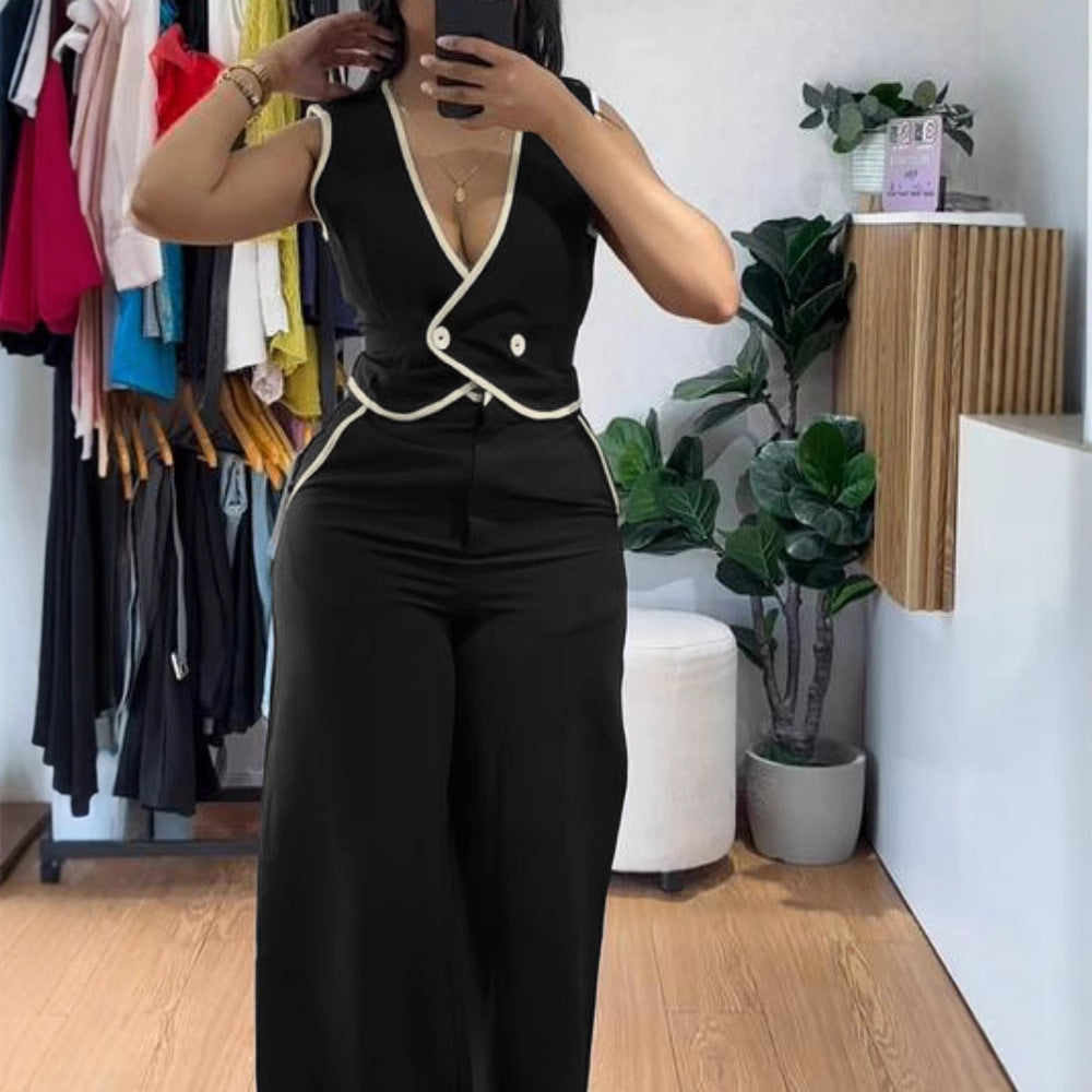 Color Block Design Sleeveless Vest Set with Wide-Leg Trousers for Casual and Commuting