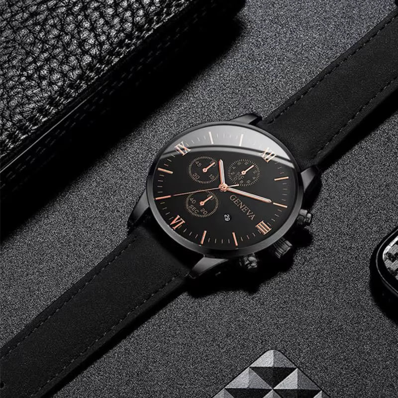 1/3PCS Men'S Watch Casual Leather Band Analog Quartz Watches with Calendar