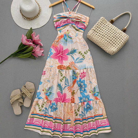 Floral Print Belted Vacation Style Dress