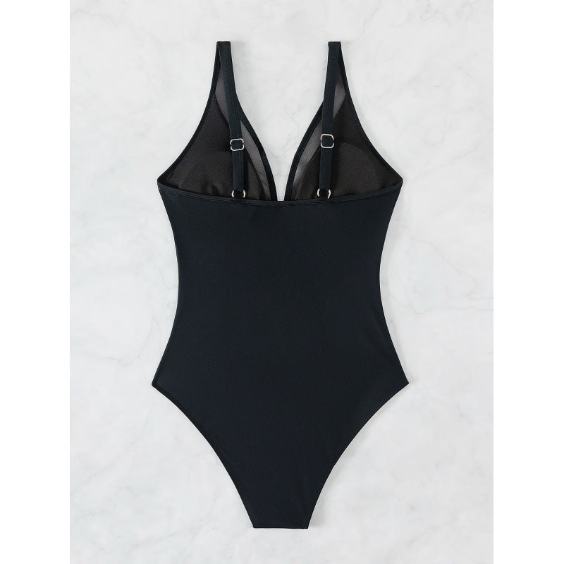 Swimsuit women's solid color sexy one-piece plus size mesh splicing beach swimsuit