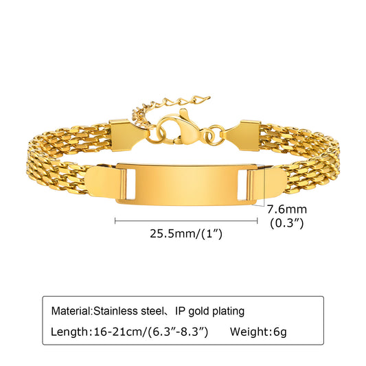 Stainless Steel Titanium Snake Chain Women's Bent Plate Bracelet, Children's Engravable DIY Bracelet with Custom Notes 01-24
