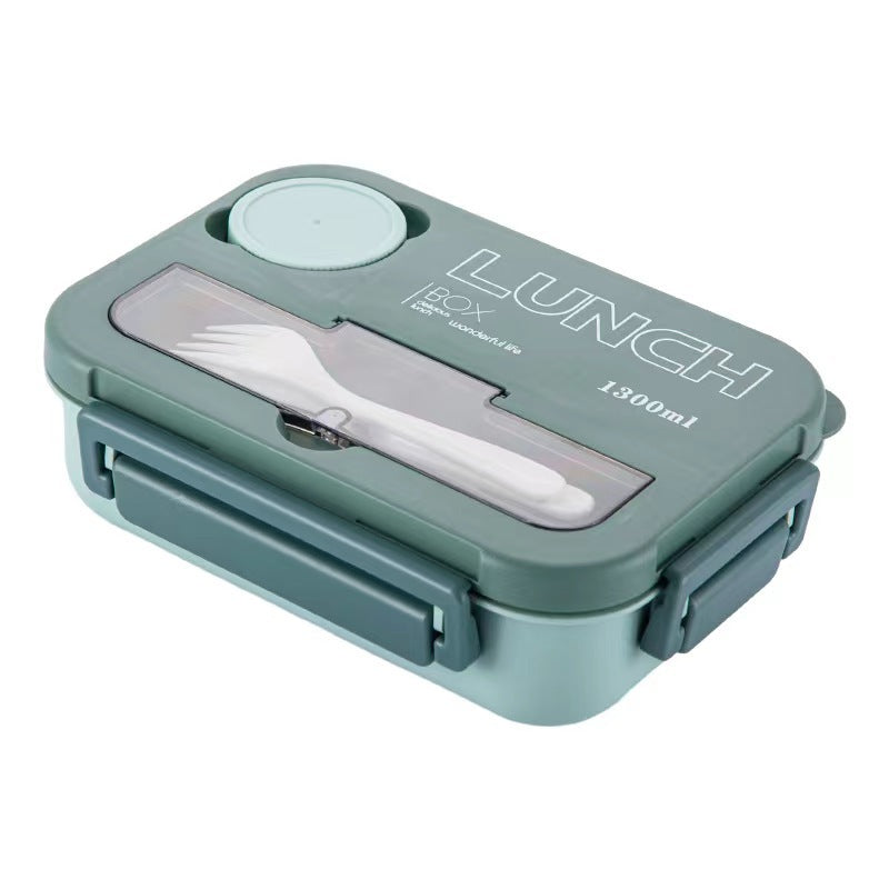 Microwaveable sealed lunch box with compartments and sauce box with cutlery