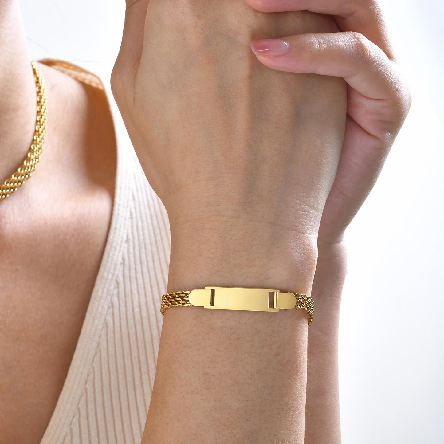 Stainless Steel Titanium Snake Chain Women's Bent Plate Bracelet, Children's Engravable DIY Bracelet with Custom Notes 01-24