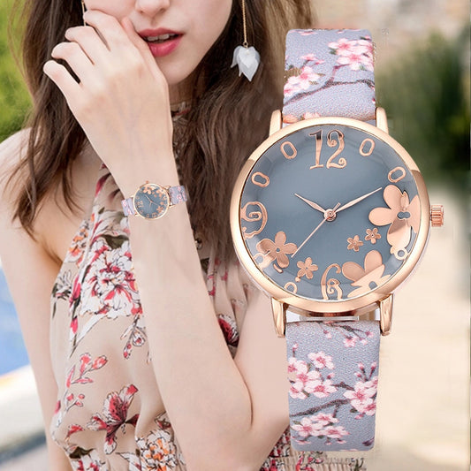Wtch for women with embossed Colorful flowers small fresh printed belt Fashion Ladies Quartz Watch Exquisite Bracelet watch YE1