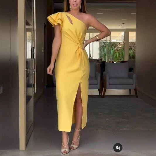 Single Shoulder Ruffle Hem Hollow Out Slit Dress for Women