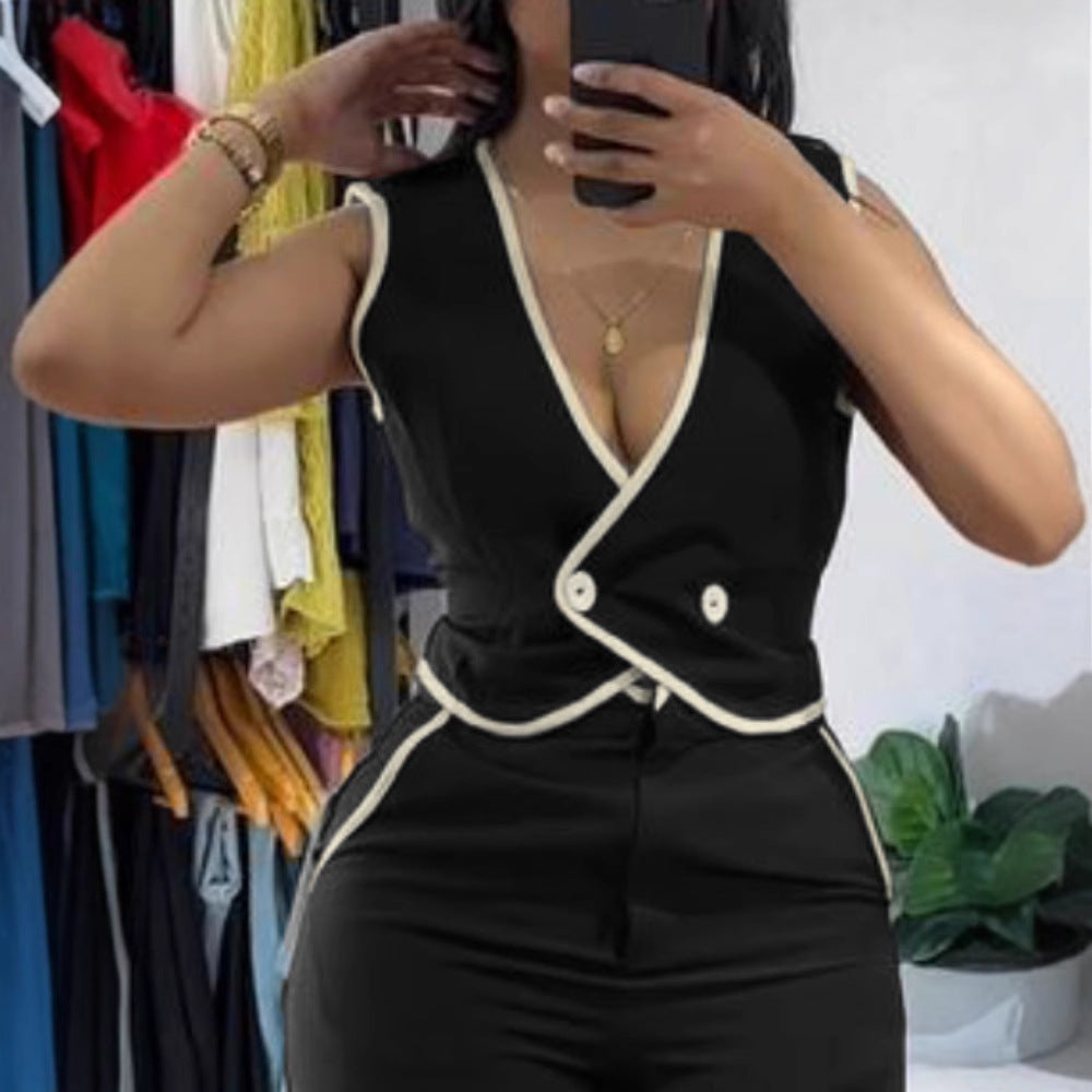 Color Block Design Sleeveless Vest Set with Wide-Leg Trousers for Casual and Commuting