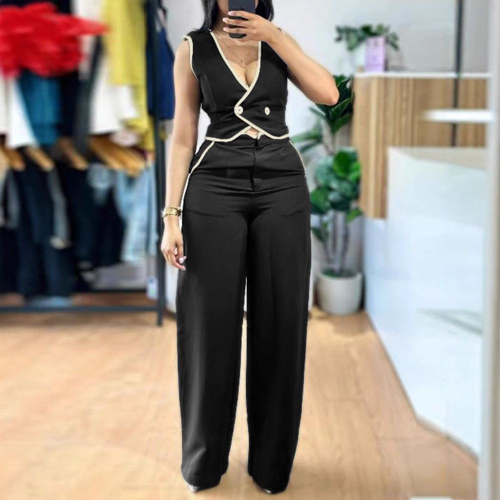 Color Block Design Sleeveless Vest Set with Wide-Leg Trousers for Casual and Commuting