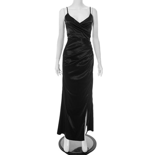 Sexy Solid Color Backless Strap Slit Dress for Women